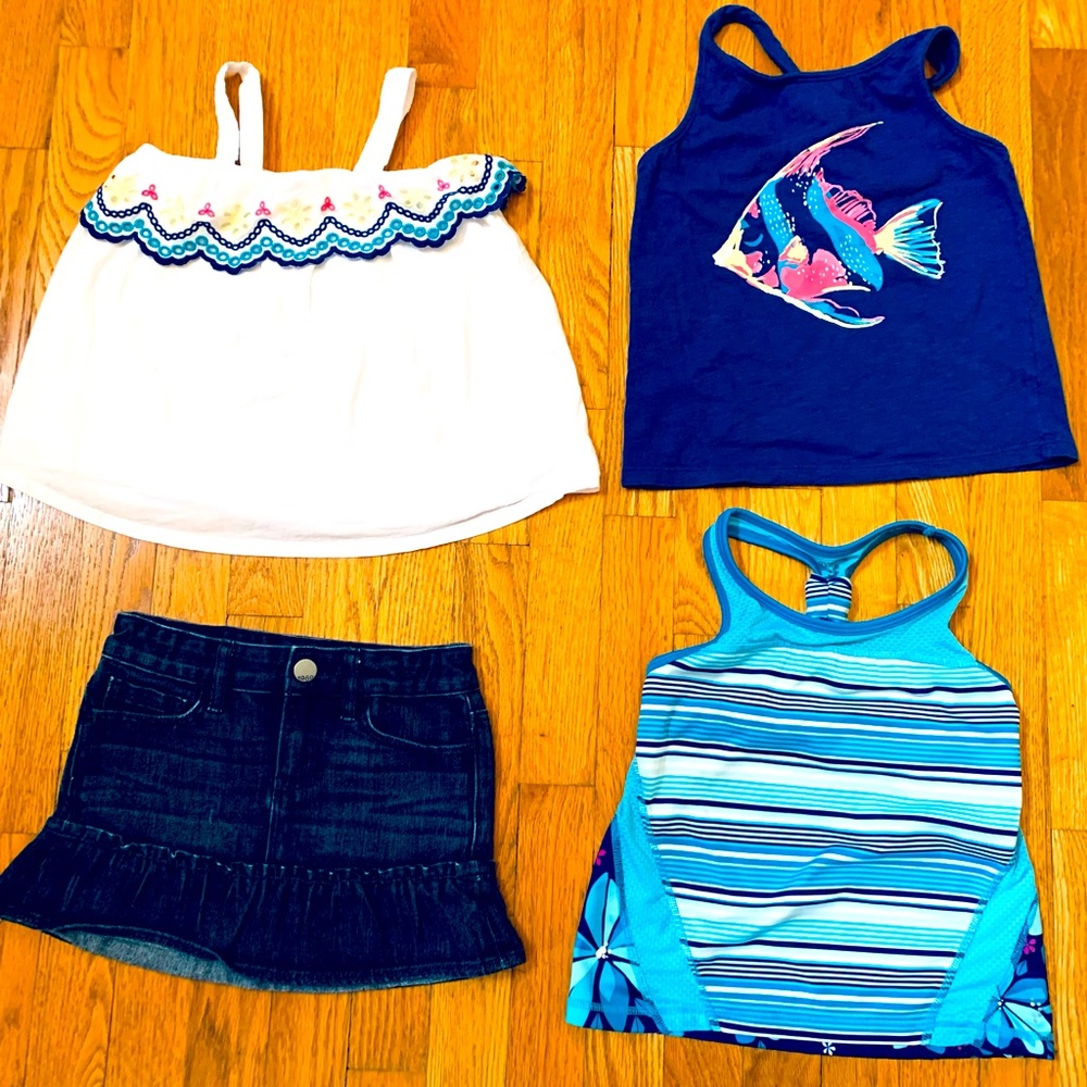 Girls Matching Set Sz 5/6: Gap Denim Mini Skirt with 3 Matching Tops, Gymboree